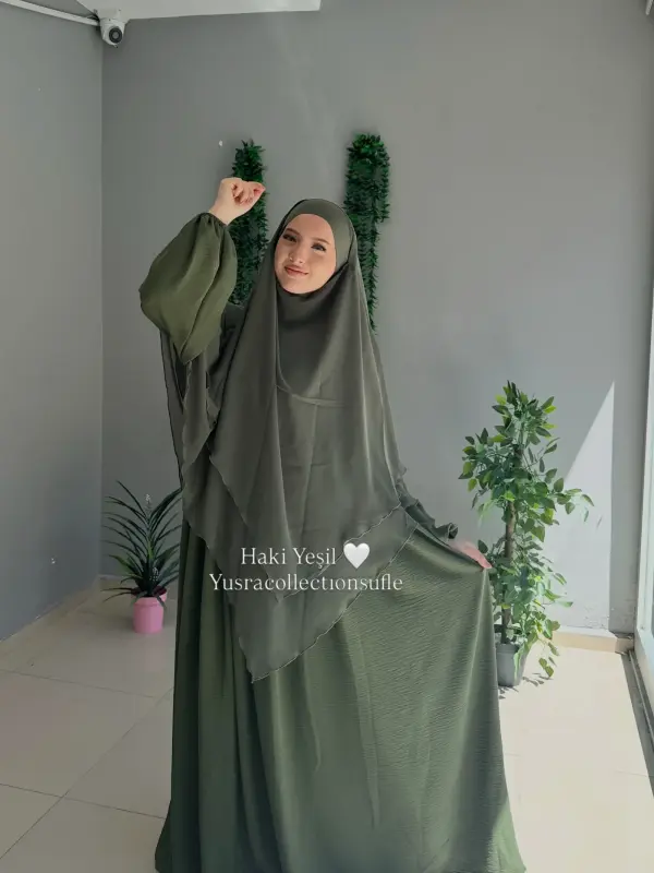 Ayrobin Elbise Uzun Sufle Takım Haki Yeşil